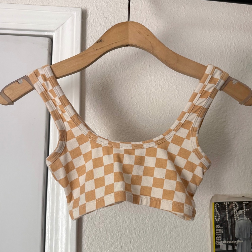 ARQ mustard white checker cropped square neck organic cotton knit tank top
